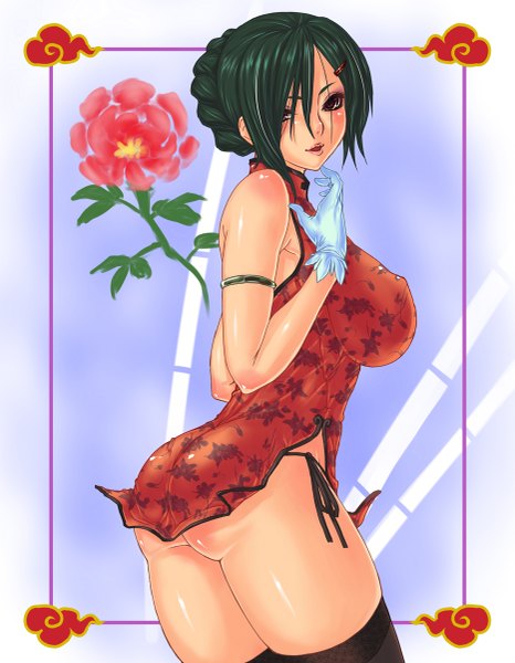 Anime picture 933x1200 with original rokko single tall image looking at viewer blush highres short hair breasts open mouth light erotic large breasts bare shoulders brown eyes ass looking back green hair chinese clothes framed girl