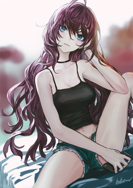 Anime picture 1061x1500 with idolmaster idolmaster cinderella girls ichinose shiki infukun single long hair tall image looking at viewer blush fringe breasts blue eyes hair between eyes brown hair holding signed cleavage ahoge head tilt spread legs