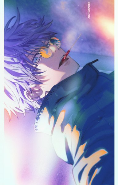 Anime picture 1138x1779 with jujutsu kaisen mappa gojou satoru koujisako single tall image short hair blue eyes holding silver hair upper body copyright name mouth hold food in mouth sideways boy food sweets sunglasses candy