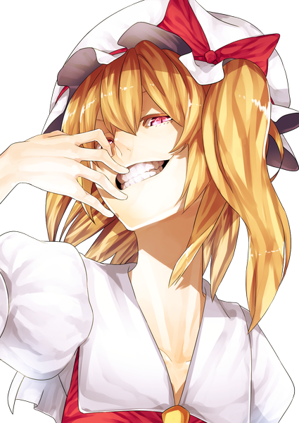 Anime picture 1000x1412 with touhou flandre scarlet uu uu zan tall image looking at viewer short hair blonde hair smile red eyes transparent background girl bow bonnet