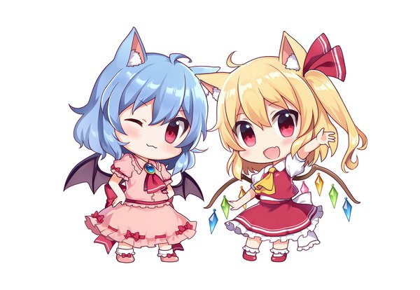 Anime picture 2123x1467 with touhou flandre scarlet remilia scarlet yada (xxxadaman) looking at viewer blush highres short hair open mouth simple background blonde hair smile red eyes white background multiple girls animal ears blue hair full body ahoge :d