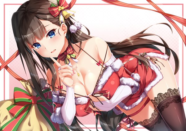 Anime-Bild 3508x2480 mit original yuxian youka single long hair looking at viewer blush fringe highres breasts open mouth blue eyes light erotic simple background brown hair large breasts bare shoulders absurdres cleavage dutch angle fur trim