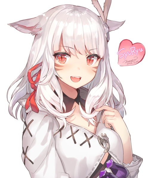 Anime picture 700x840 with final fantasy final fantasy xiv square enix miqo'te momoko (momopoco) single long hair tall image blush fringe open mouth smile red eyes white background signed animal ears looking away silver hair upper body :d