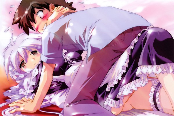 Anime picture 4426x2969 with maburaho j.c. staff shikimori kazuki liera scharnhorst komatsu eiji long hair blush fringe highres short hair light erotic hair between eyes brown hair brown eyes absurdres silver hair ahoge lying scan maid