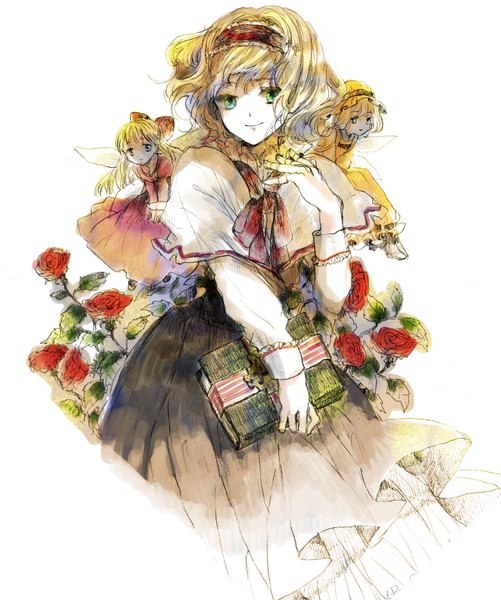 Anime picture 1432x1716 with touhou alice margatroid shanghai hourai sugi (artist) long hair tall image looking at viewer short hair blonde hair simple background smile white background green eyes girl dress flower (flowers) bow hair bow wings