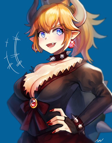 Anime picture 782x1000 with super mario bros. new super mario bros. u deluxe bowsette noixen single long hair tall image looking at viewer blush fringe breasts open mouth blue eyes light erotic simple background blonde hair large breasts standing signed nail polish