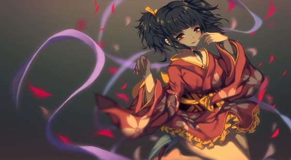 Anime picture 1200x663 with koutetsujou no kabaneri wit studio mumei (kabaneri) rhea single looking at viewer short hair black hair red eyes wide image twintails traditional clothes japanese clothes short twintails dark background girl ribbon (ribbons) petals kimono