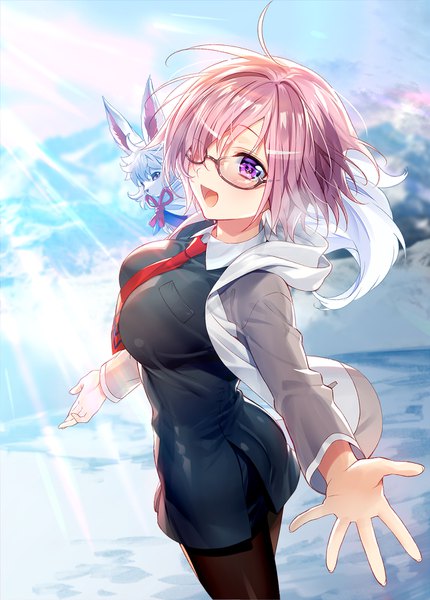 Anime picture 1218x1700 with fate (series) fate/grand order mash kyrielight fou (fate) murakami yuichi single tall image looking at viewer blush fringe short hair breasts open mouth smile large breasts purple eyes purple hair ahoge :d sunlight