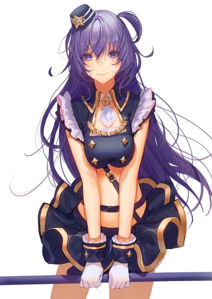 Anime picture 614x866 with original lloule single long hair tall image looking at viewer blush fringe breasts simple background smile hair between eyes standing white background purple eyes holding purple hair sleeveless breast squeeze girl