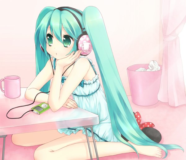 Anime picture 1000x863 with vocaloid ipod hatsune miku usashiro mani single long hair sitting twintails green eyes barefoot aqua hair chin rest girl headphones curtains table wire (wires) mug garbage can