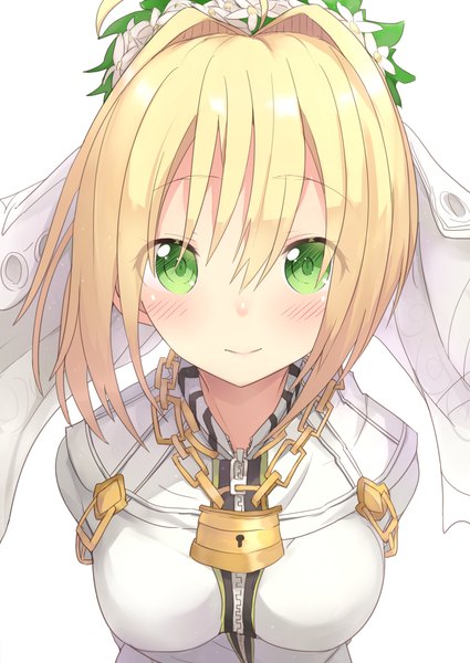 Anime picture 1000x1412 with fate (series) fate/extra fate/extra ccc nero claudius (fate) nero claudius (fate/extra) ichijou (kr neru0) single tall image looking at viewer blush fringe short hair breasts simple background blonde hair smile hair between eyes white background green eyes upper body