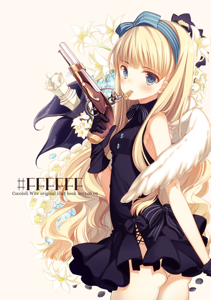 Anime picture 703x1000 with original yamucha single long hair tall image looking at viewer blush blue eyes blonde hair girl dress gloves flower (flowers) bow weapon hair bow wings hairband gun