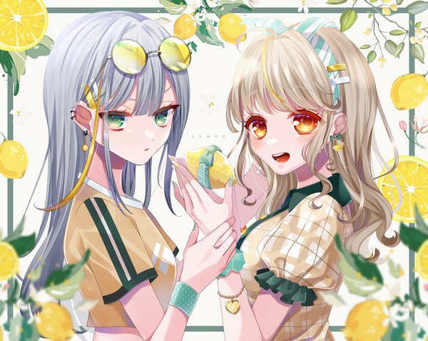 Anime picture 1883x1500 with original rukito long hair fringe highres open mouth blonde hair multiple girls green eyes yellow eyes silver hair upper body nail polish :d puffy sleeves piercing ear piercing framed sunglasses on head girl