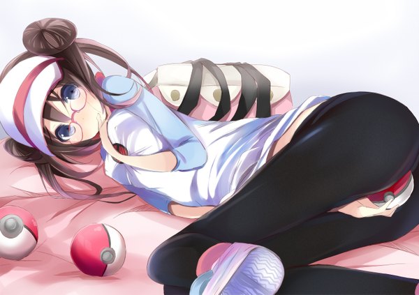 Anime picture 1400x989 with pokemon nintendo rosa (pokemon) kokumu single long hair looking at viewer blue eyes light erotic brown hair twintails lying erect nipples finger to mouth covered nipples between legs bespectacled raglan sleeves girl pantyhose