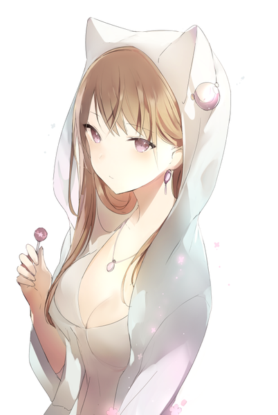 Anime picture 650x969 with original lpip single long hair tall image looking at viewer blush fringe simple background brown hair white background holding animal ears cleavage upper body pink eyes cat ears animal hood girl earrings
