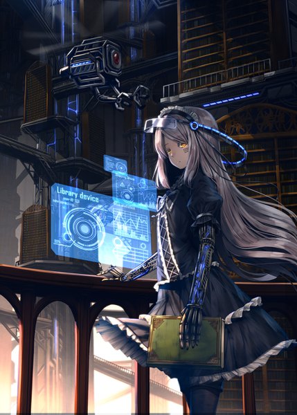 Anime picture 900x1259 with original ryosios single long hair tall image looking at viewer fringe standing holding indoors grey hair short sleeves orange eyes tattoo puffy sleeves floating hair expressionless lolita fashion goth-loli mecha musume