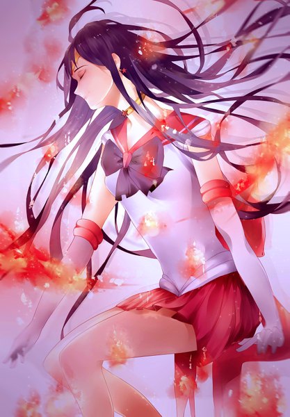 Anime picture 2101x3022 with bishoujo senshi sailor moon toei animation hino rei sailor mars pixiv id 4649538 single long hair tall image fringe highres breasts smile sitting looking away purple hair bent knee (knees) eyes closed pleated skirt girl skirt