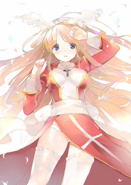Anime picture 600x850 with ragnarok online high priest atsumi jun single long hair tall image looking at viewer blue eyes light erotic blonde hair wind side slit head wings girl thighhighs underwear panties white thighhighs wings white panties