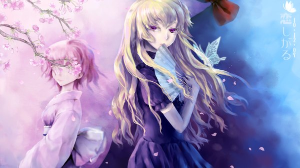 Anime picture 1600x900 with touhou yakumo yukari saigyouji yuyuko goocn long hair short hair blonde hair wide image purple eyes multiple girls pink hair cherry blossoms girl dress 2 girls petals insect butterfly branch fan