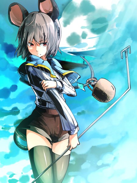 Anime picture 1200x1600 with touhou nazrin ibuki notsu single tall image looking at viewer short hair red eyes animal ears tail grey hair mouse ears mouse tail girl thighhighs black thighhighs shorts basket mouse