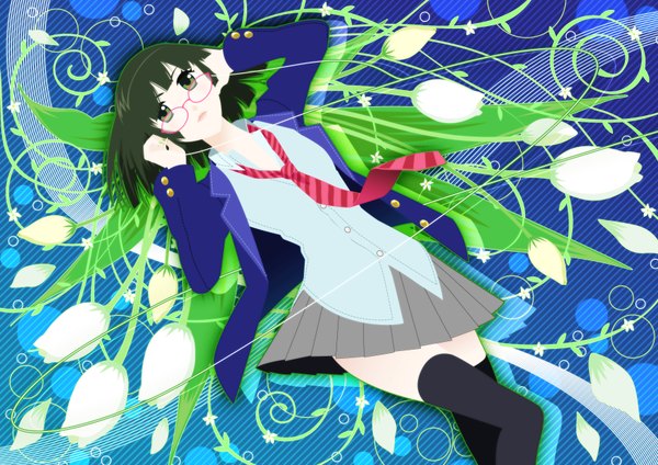 Anime picture 3508x2480 with original e-megu (artist) single highres short hair black hair green eyes absurdres girl thighhighs black thighhighs plant (plants) glasses necktie