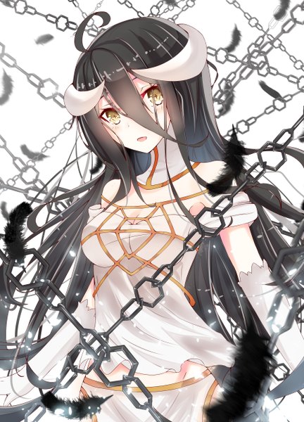 Anime picture 1800x2500 with overlord (maruyama) madhouse albedo (overlord) re:rin single long hair tall image looking at viewer blush highres breasts open mouth black hair simple background white background yellow eyes ahoge horn (horns) demon girl demon wings