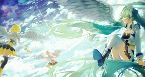 Anime picture 2600x1386 with vocaloid hatsune miku megurine luka kagamine rin spencer sais long hair fringe highres short hair light erotic blonde hair wide image twintails looking away pink hair sky cloud (clouds) ponytail very long hair from behind