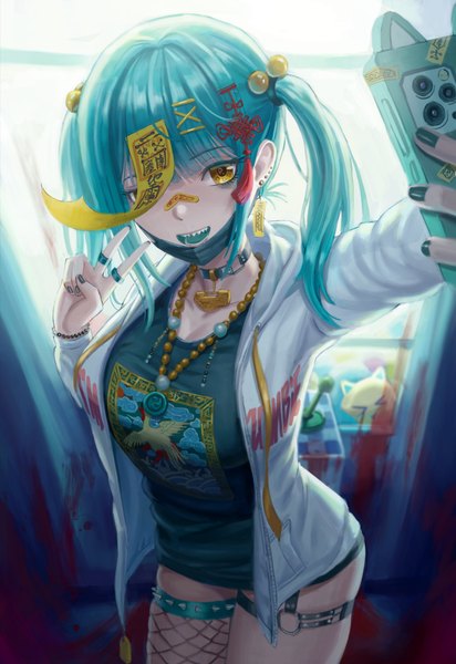 Anime picture 1342x1953 with original kafkasea single long hair tall image fringe open mouth smile standing twintails holding yellow eyes indoors blunt bangs nail polish aqua hair teeth victory clothes writing sharp teeth