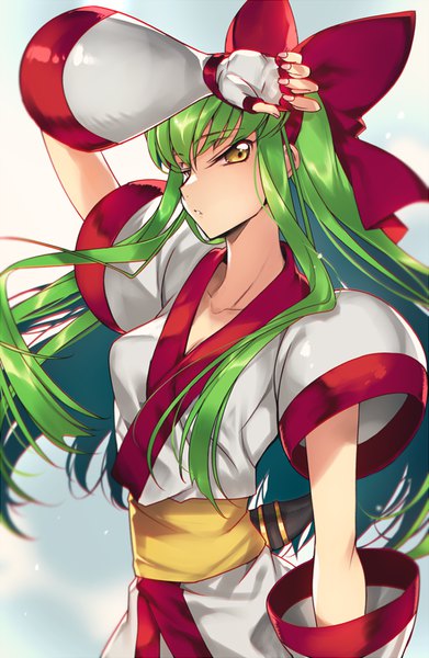 Anime picture 600x920 with code geass samurai spirits sunrise (studio) c.c. nakoruru creayus single long hair tall image looking at viewer fringe hair between eyes standing yellow eyes upper body traditional clothes parted lips japanese clothes green hair wide sleeves