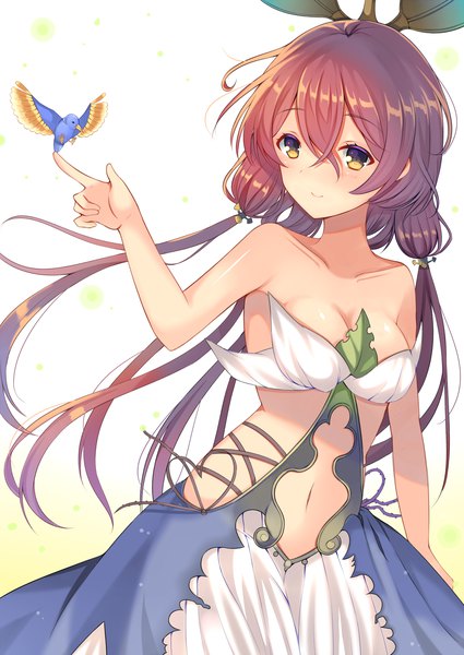 Anime picture 1500x2118 with granblue fantasy yggdrasil (granblue fantasy) aozora nan single long hair tall image blush fringe breasts hair between eyes bare shoulders yellow eyes pink hair cleavage light smile midriff hair bun (hair buns) outstretched arm bird on hand girl
