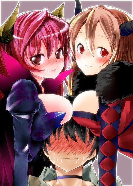 Anime picture 1072x1500 with maoyuu maou yuusha arms corporation maou (maoyuu) yuusha (maoyuu) takara akihito long hair tall image looking at viewer blush short hair breasts light erotic black hair smile red eyes brown hair large breasts multiple girls red hair horn (horns)
