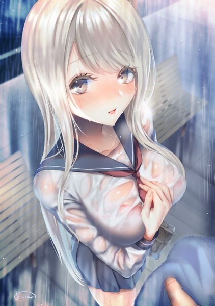 Anime picture 2057x2926 with original sakiryo kanna long hair tall image looking at viewer blush fringe highres breasts open mouth light erotic large breasts standing signed silver hair outdoors pleated skirt mole wet mole under eye