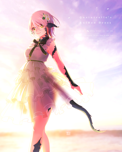 Anime picture 1450x1800 with final fantasy final fantasy xiv square enix au ra lili mdoki single tall image looking at viewer fringe short hair breasts smile green eyes signed sky silver hair tail hair flower horn (horns) sunlight