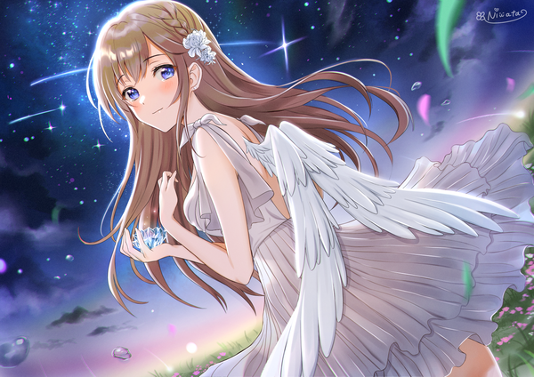 Anime picture 1500x1059 with original niwata0 single long hair looking at viewer blush fringe blue eyes brown hair standing holding payot cloud (clouds) outdoors braid (braids) hair flower light smile wind night dutch angle