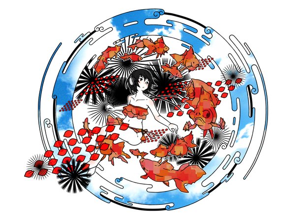 Anime picture 2000x1500 with original u (artist) highres black hair looking back pale skin girl navel headphones fish (fishes)