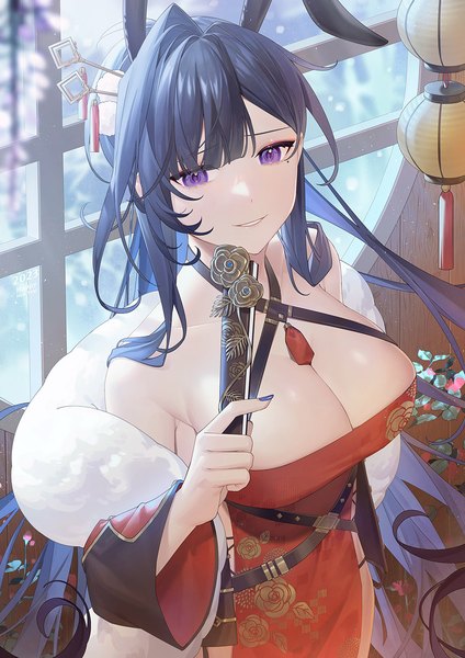 Anime picture 1000x1414 with original wenz single long hair tall image fringe breasts light erotic black hair large breasts purple eyes holding animal ears looking away cleavage indoors blunt bangs nail polish parted lips arm up