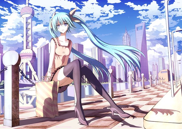 Anime picture 1131x800 with vocaloid hatsune miku langjiao single long hair blue eyes sitting twintails sky cloud (clouds) aqua hair city girl thighhighs black thighhighs sundress skyscraper