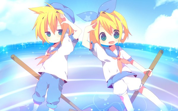 Anime picture 1680x1050 with vocaloid kagamine rin kagamine len looking at viewer blush short hair open mouth blue eyes blonde hair wide image sky cloud (clouds) light smile wallpaper chibi twins salute girl boy bow