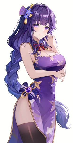 Anime picture 3000x5825 with genshin impact raiden shogun yulha 06 single long hair tall image looking at viewer blush fringe highres breasts light erotic large breasts standing purple eyes bare shoulders cleavage purple hair blunt bangs braid (braids)