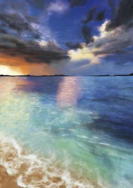 Anime picture 1131x1600 with original choco lemon tall image sky cloud (clouds) beach evening sunset landscape water sea