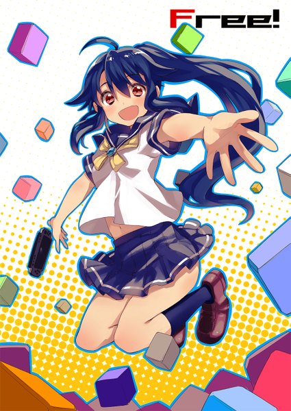 Anime picture 1003x1416 with senri gan long hair tall image looking at viewer blush open mouth red eyes blue hair ahoge ponytail spread arms jumping girl socks serafuku black socks cube psp