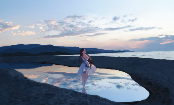 Anime picture 1535x932 with original haruwakame single long hair blue eyes brown hair wide image sky cloud (clouds) wind light mountain girl water sundress