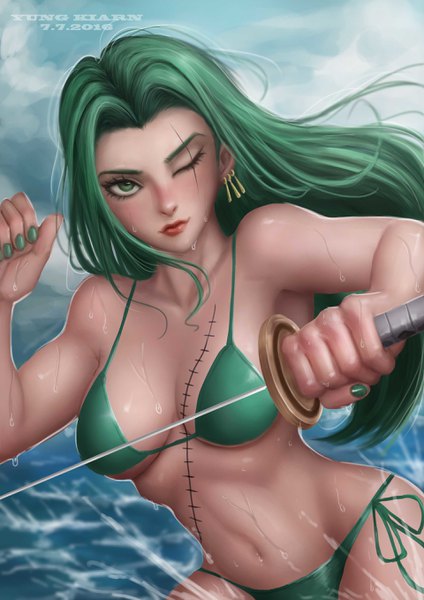 Anime picture 1920x2716 with one piece toei animation roronoa zoro yung kiarn single long hair tall image looking at viewer blush highres breasts light erotic large breasts standing bare shoulders holding green eyes signed sky cleavage