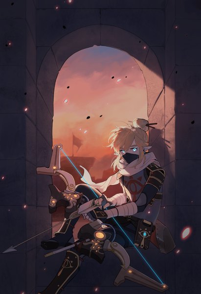 Anime picture 2130x3110 with the legend of zelda the legend of zelda: breath of the wild nintendo link shikiri single tall image looking at viewer fringe highres short hair blue eyes blonde hair hair between eyes sitting pointy ears hair bun (hair buns) boy weapon scarf