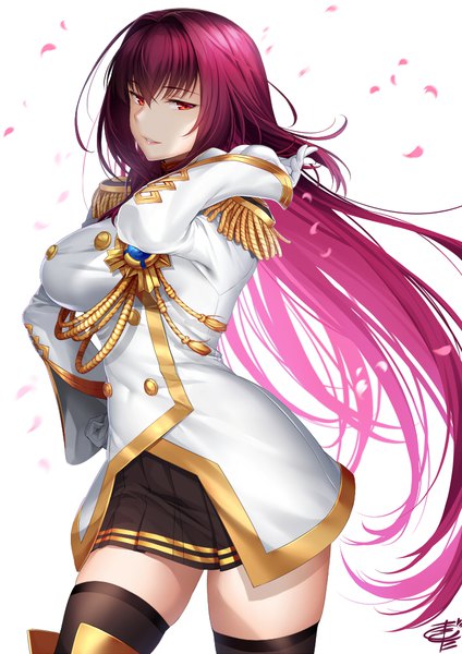 Anime picture 706x1000 with fate (series) fate/grand order fate/extella link scathach (fate) (all) scathach (fate) okitakung single long hair tall image looking at viewer fringe breasts simple background hair between eyes red eyes large breasts standing white background purple hair parted lips