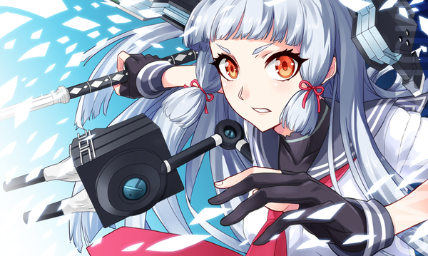 Anime picture 1417x850 with kantai collection murakumo destroyer nagidori single long hair looking at viewer fringe wide image silver hair upper body blunt bangs parted lips orange eyes eyebrows fighting stance clenched teeth tress ribbon girl gloves uniform