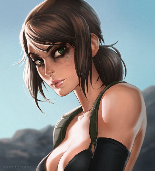Anime picture 800x880 with metal gear metal gear solid metal gear solid v: the phantom pain konami quiet (metal gear) dandon fuga single long hair tall image looking at viewer breasts light erotic black hair green eyes signed upper body lips realistic eyebrows girl