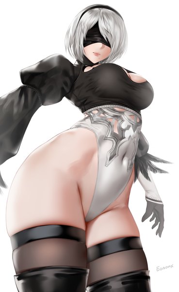 Anime picture 4000x6500 with nier nier:automata yorha no. 2 type b easonx single tall image fringe highres short hair breasts light erotic simple background large breasts standing white background signed absurdres silver hair mole from below