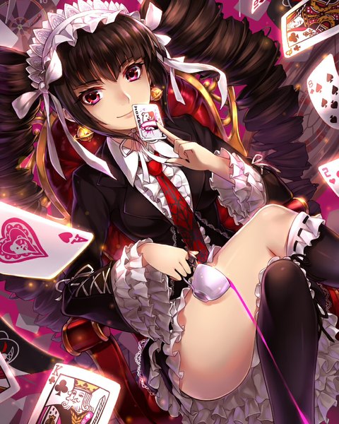 Anime picture 800x1000 with dangan ronpa celestia ludenberg suika01 single long hair tall image black hair red eyes sitting twintails crossed legs drill hair girl dress socks necktie headdress black socks cup card (cards)