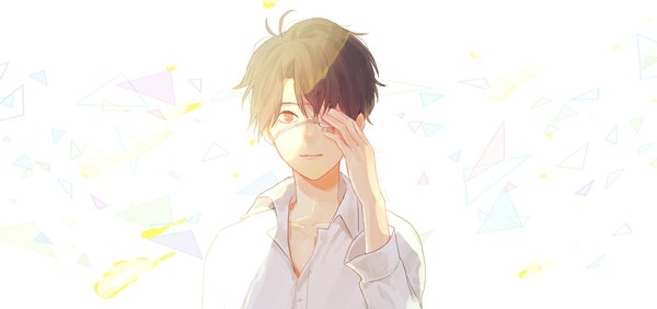 Anime picture 1700x800 with aldnoah.zero a-1 pictures kaizuka inaho kurusu awa single looking at viewer fringe short hair simple background hair between eyes brown hair wide image white background brown eyes ahoge upper body sunlight hand on face boy shirt